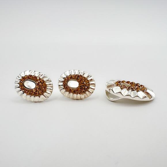 Sterling Silver Orange Crystal Earrings and Pendant Set Vintage 90s 925 - Picture 6 of 12